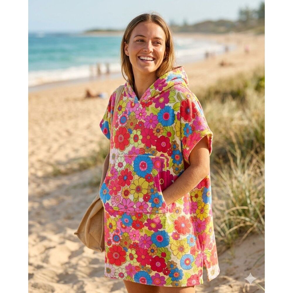 Natural Life Retro Floral Hippie Hooded Beach Towel Poncho